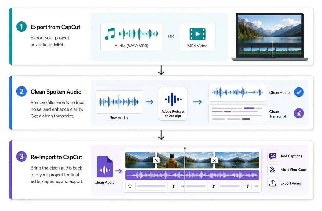 Workflow diagram showing export from CapCut, clean in Adobe Podcast or Descript, then re-import for final edit