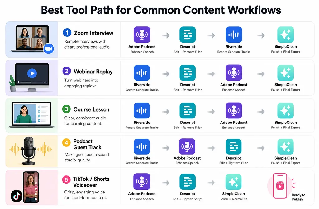 Workflow examples for webinar, Zoom interview, podcast guest track, course lesson, and short-form voiceover cleanup