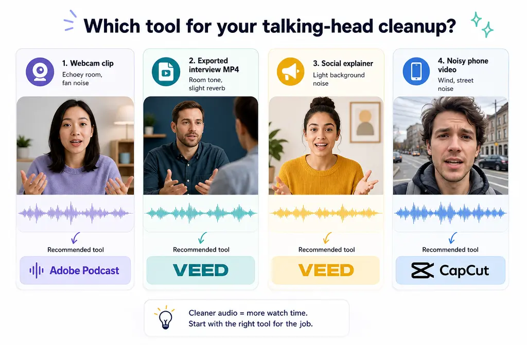 Talking-head video cleanup scenarios including webcam clip, interview, social explainer, and phone video