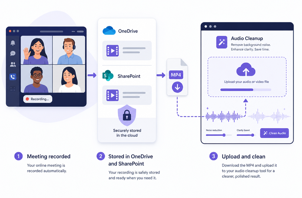 Diagram showing where Microsoft Teams recordings are stored and the download-to-cleanup workflow