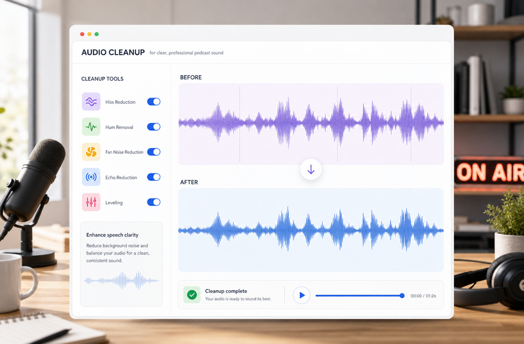 Browser-based podcast audio cleanup workflow showing before-and-after waveform for noise, hum, and echo reduction