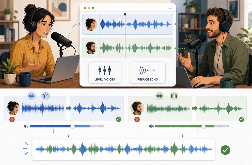 Remote podcast interview audio cleanup using local tracks from separate speakers for better spoken-word consistency