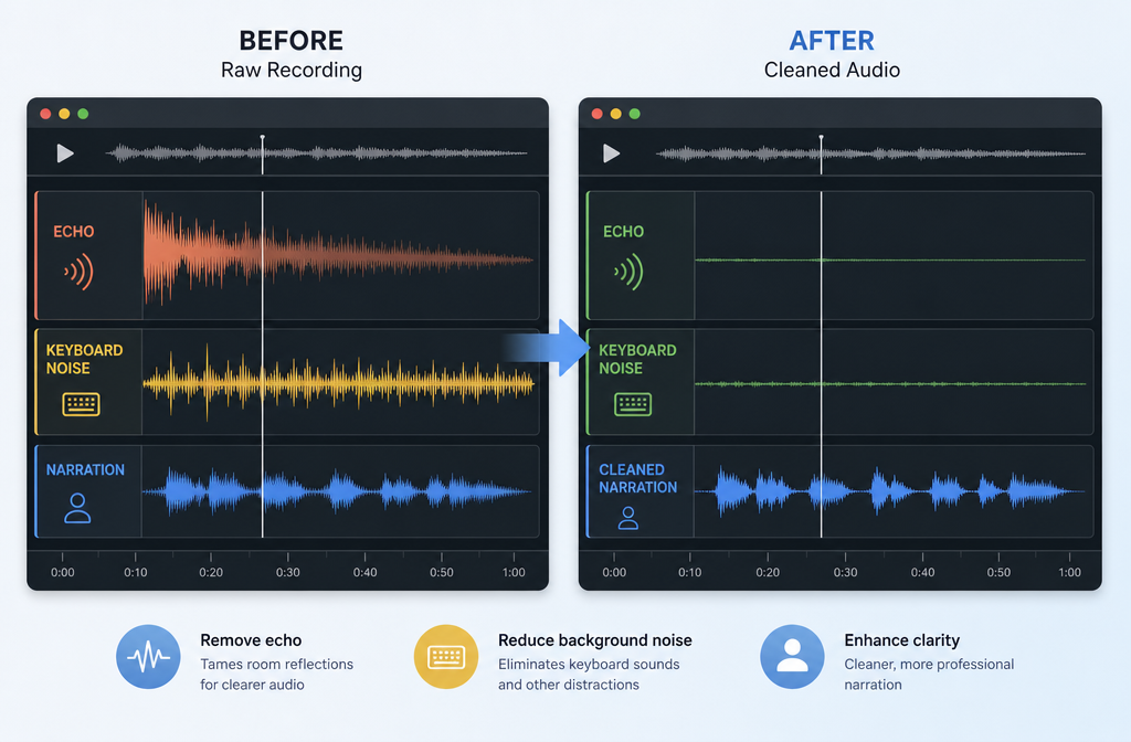 Comparison view showing echo and keyboard noise reduction on a tutorial video timeline