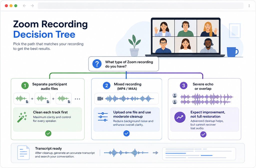 Decision tree for cleaning a Zoom recording online from MP4, M4A, or separate participant audio files