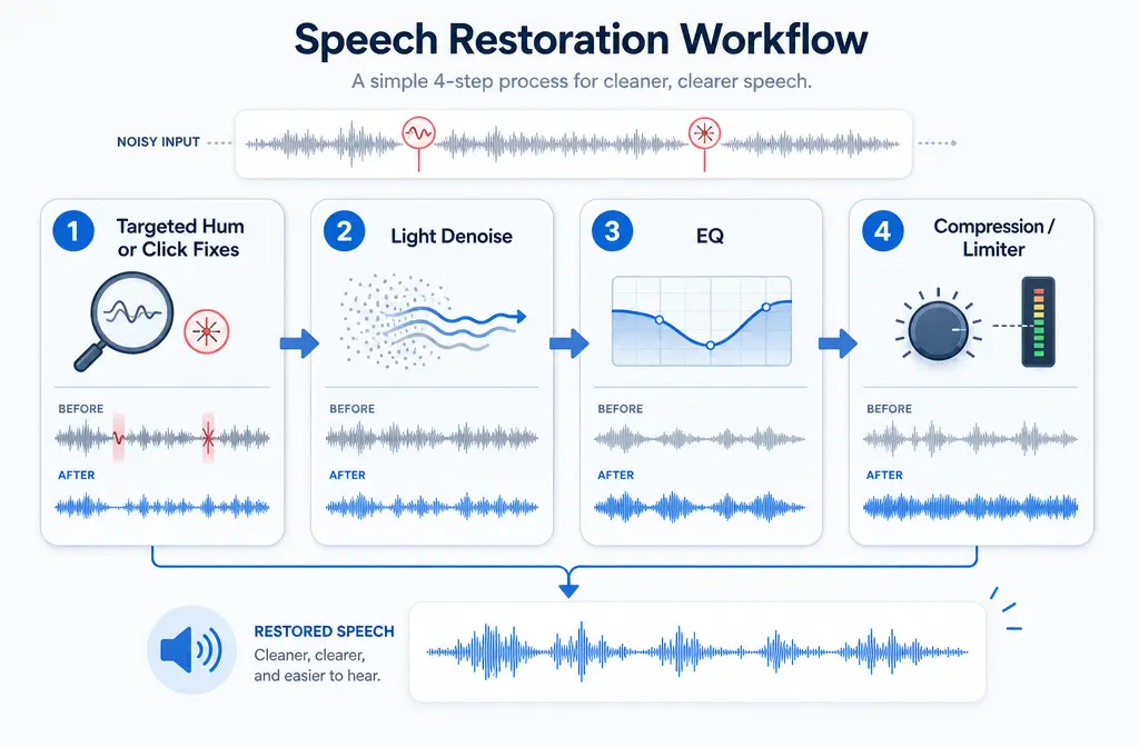 Audio workflow diagram showing safer speech cleanup order: hum and clicks first, denoise second, EQ third, compression last
