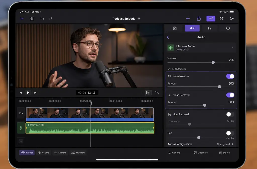 Final Cut Pro for iPad Audio inspector showing Enhancements with Voice Isolation and Noise Removal