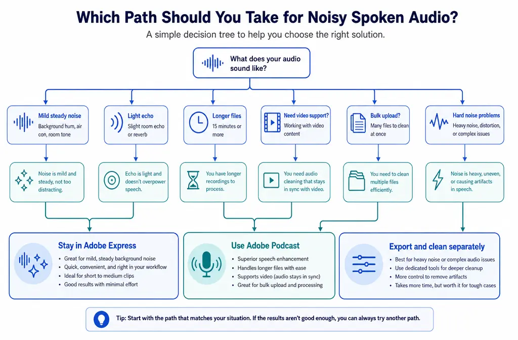 Decision tree comparing Adobe Express, Adobe Podcast, and separate exported-file cleanup for noisy speech