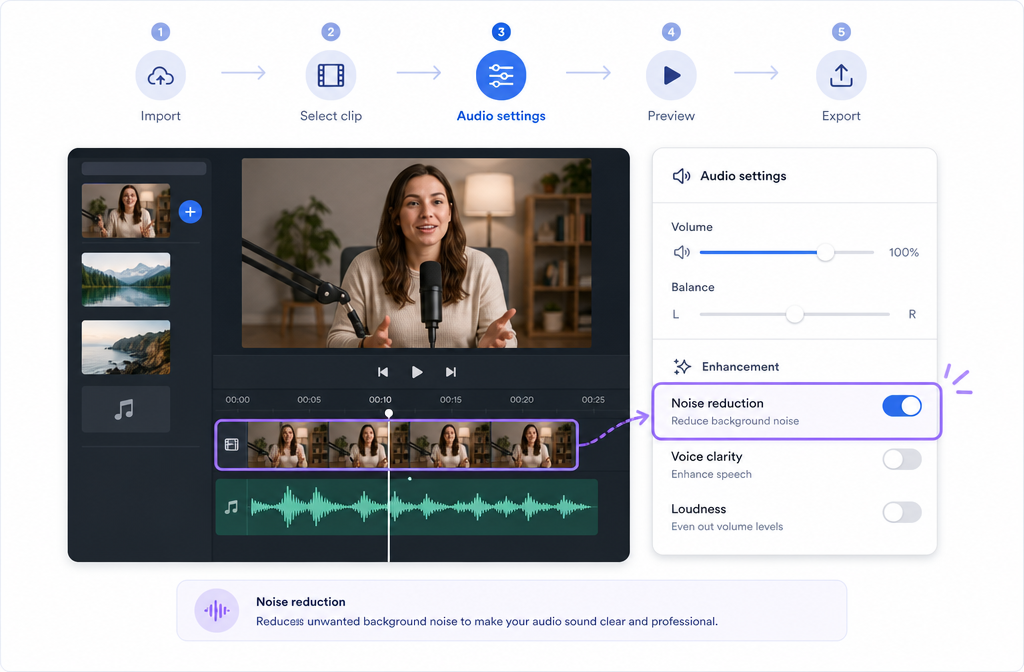 Workflow showing how to enable noise reduction in a CapCut editing timeline