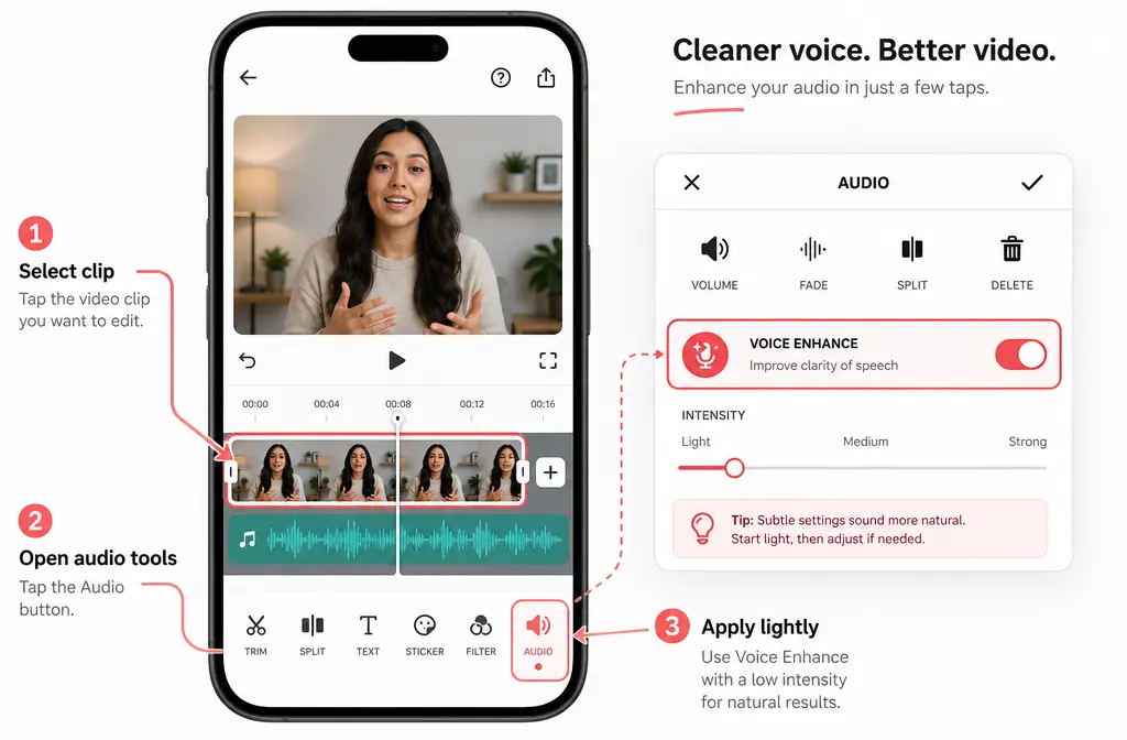 Annotated phone screenshot mockup showing where to look for Voice Enhance in InShot audio controls