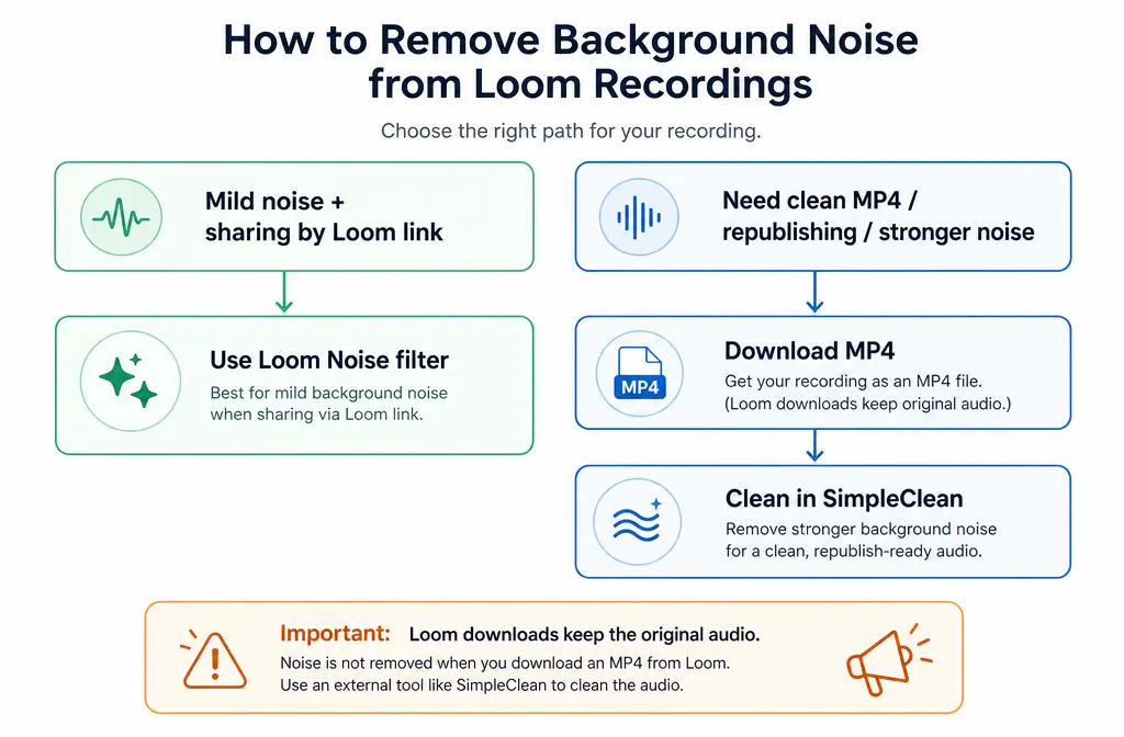 Decision chart showing when to use Loom Noise filter versus export and clean the MP4