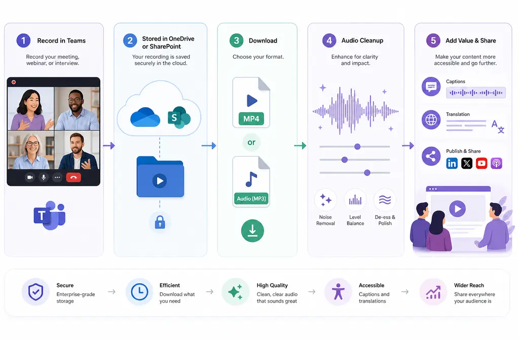 Workflow graphic showing Teams recording download from OneDrive or SharePoint for separate audio cleanup