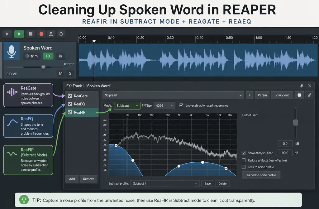How to Remove Background Noise in REAPER: ReaFIR vs ReaGate, Best FX Order, and When to Clean the Exported File Online