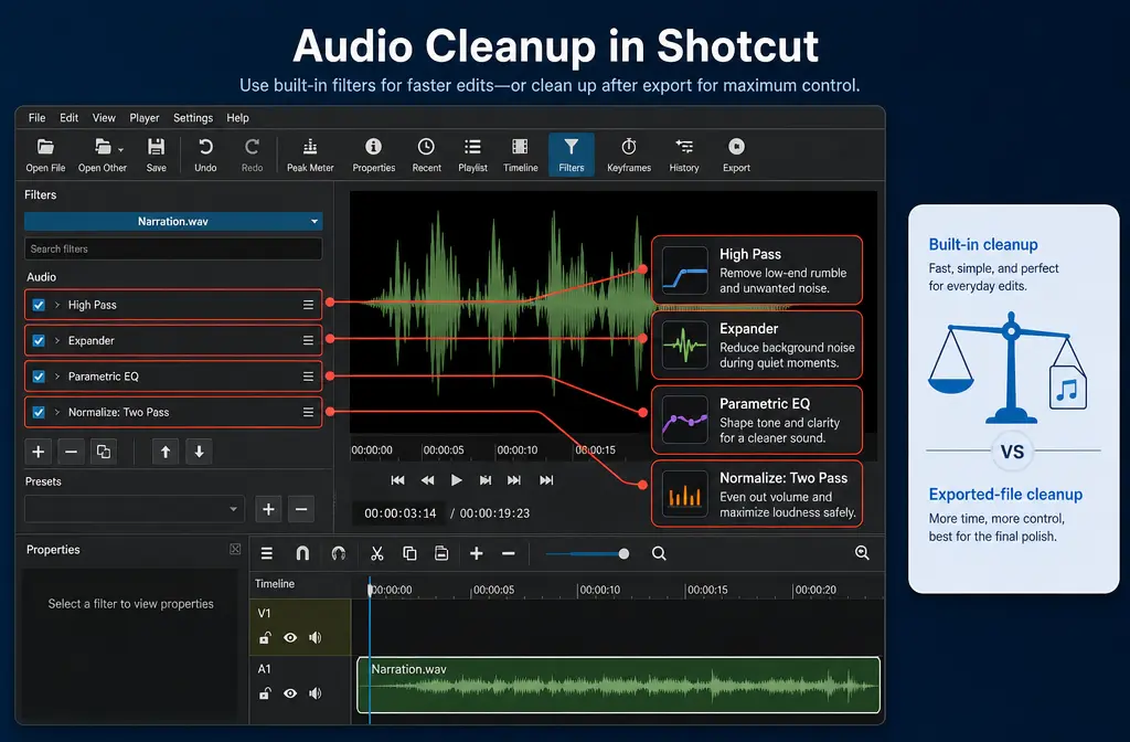 How to Remove Background Noise in Shotcut: Best Built-In Filter Chain, What Shotcut Can’t Fix, and When to Clean the Exported File Online