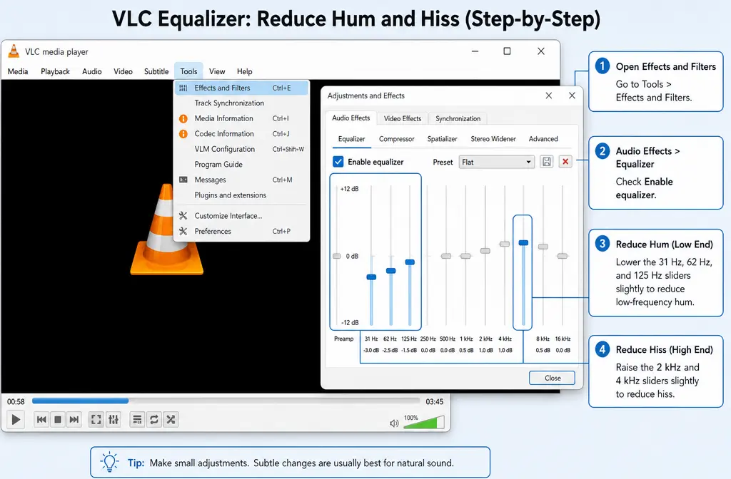 VLC Audio Effects window with the Equalizer tab enabled
