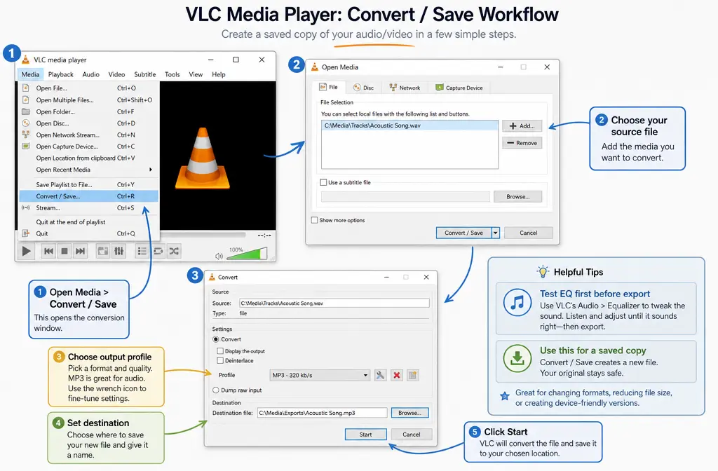 VLC Convert Save dialog used to export a new file after testing audio effects