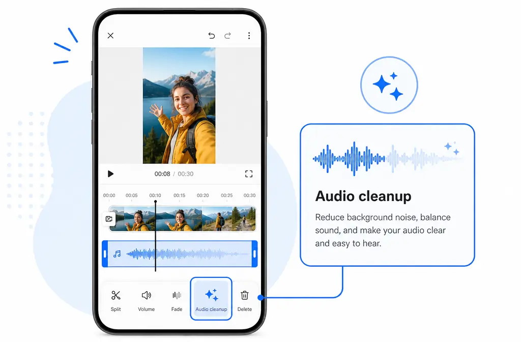 Phone mockup showing YouTube Create timeline with audio layer selected and Audio cleanup highlighted
