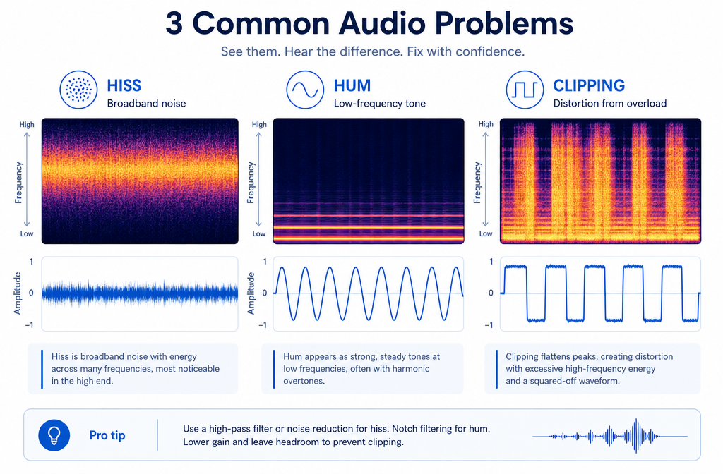 Comparison graphic showing hiss versus hum versus clipping on a voice recording waveform and spectrogram