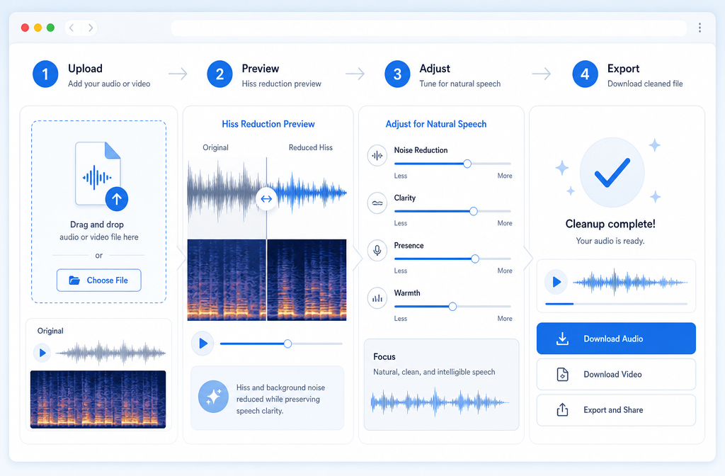 Online audio cleanup workflow showing upload, preview, adjust, and export steps for removing hiss from spoken audio