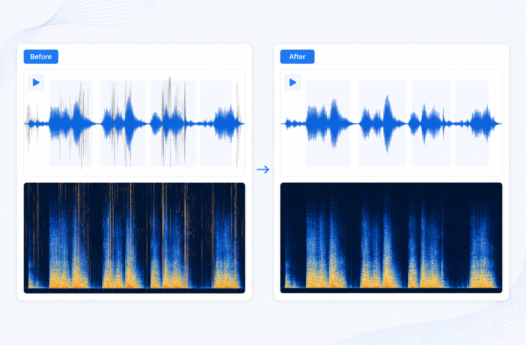 Before and after mockup of lav mic rustle cleanup on spoken dialogue