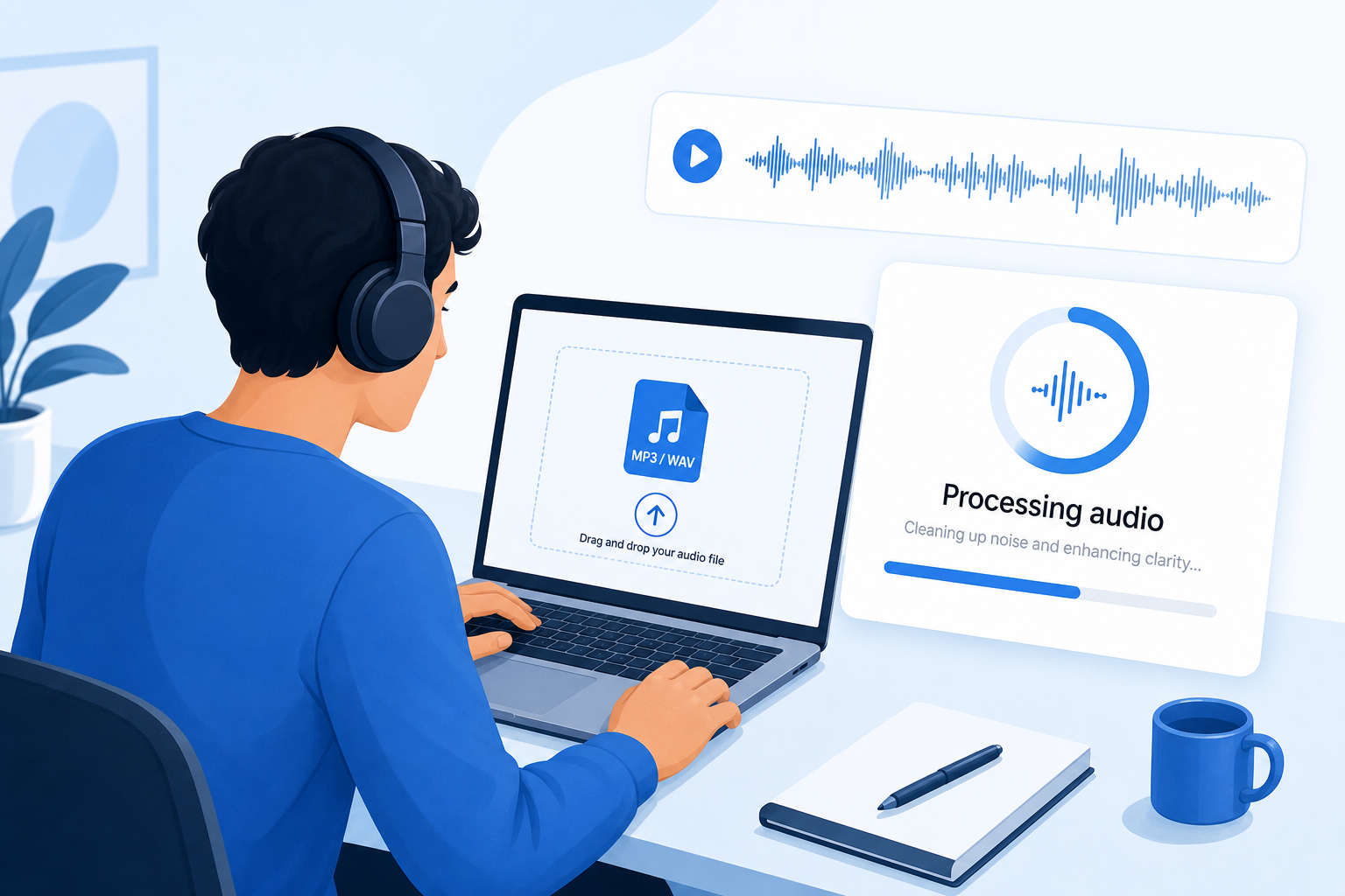 Creator uploading an audio file to an online mouth click remover