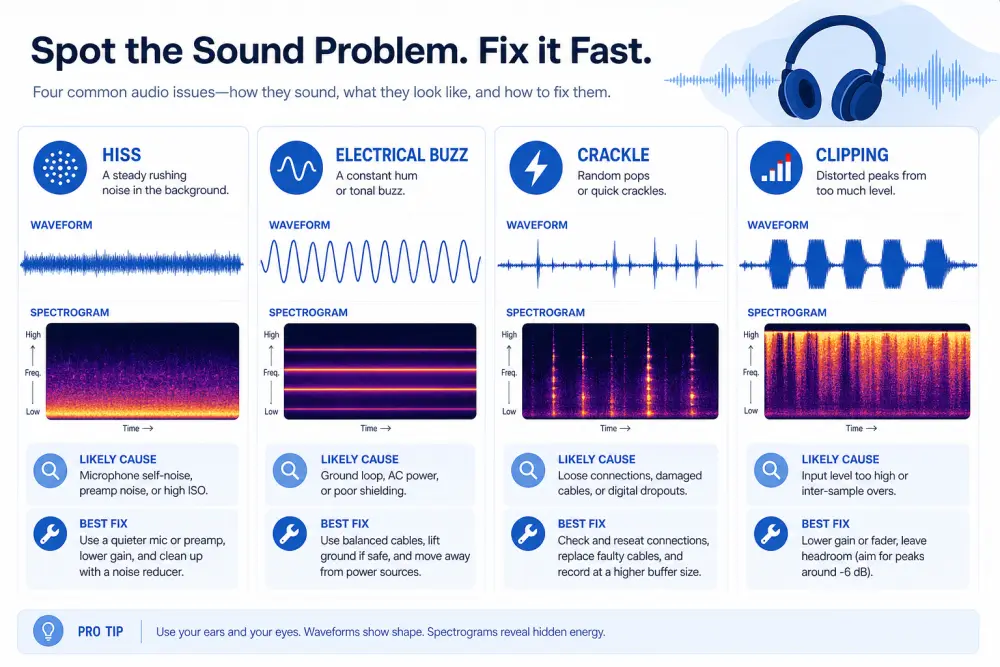Diagnosis graphic comparing hiss, buzz, crackle, and clipping in audio