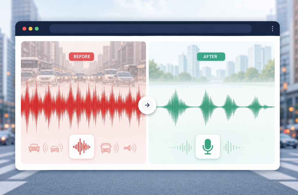 Before-and-after preview of online traffic noise reduction with cleaner speech waveform